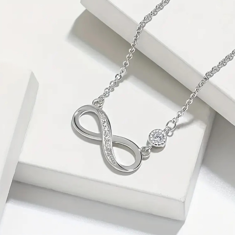 New Sterling Silver White Sapphire Infinity Design Chain Minimalist Necklace - Picture 3 of 14